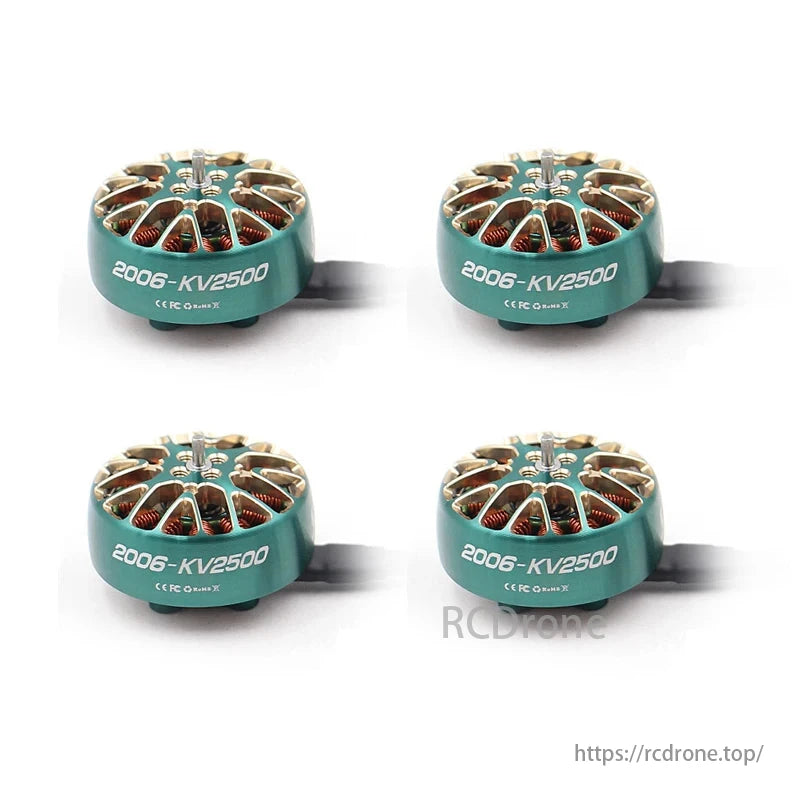 SPARKHOBBY XSPEED 2006 motor, 1950KV/2500KV, 4-6S, for 3.5" Cinewhoop FPV drones, featuring 1.5mm shaft, green body, gold stator.