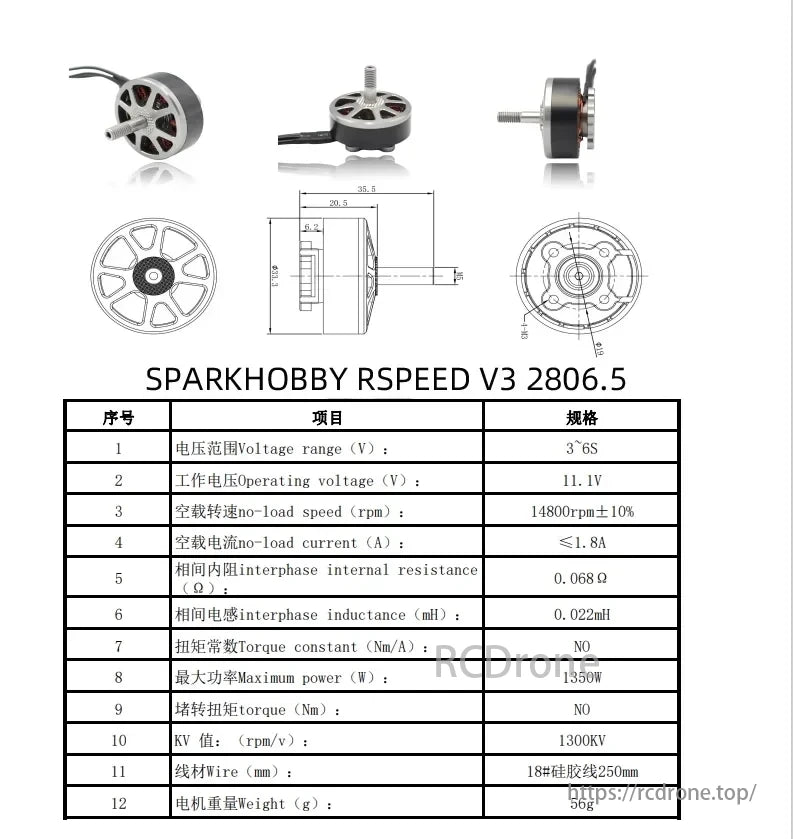 SPARKHOBBY XSPEED 2806.5 1300KV Brushless Motor, SPARKHOBBY RSPEED V3 2806.5 motor features 3-6S voltage, 11.1V operation, 14800rpm, ≤1.8A current, 0.068Ω resistance, 0.022mH inductance, 1350W power, 1300KV, 18# wire, 56g weight.