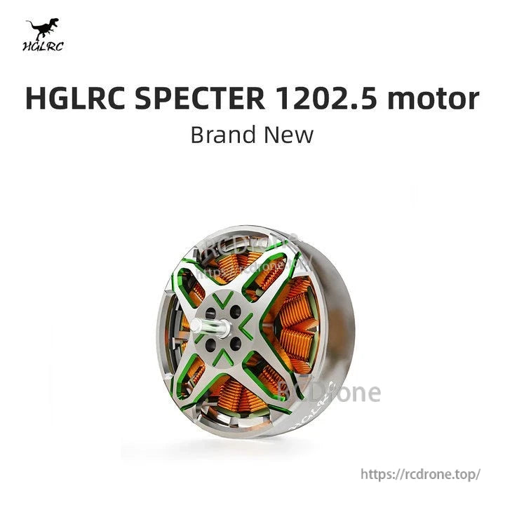 HGLRC SPECTER 1202.5 motor front view with visible copper windings and green rotor brace