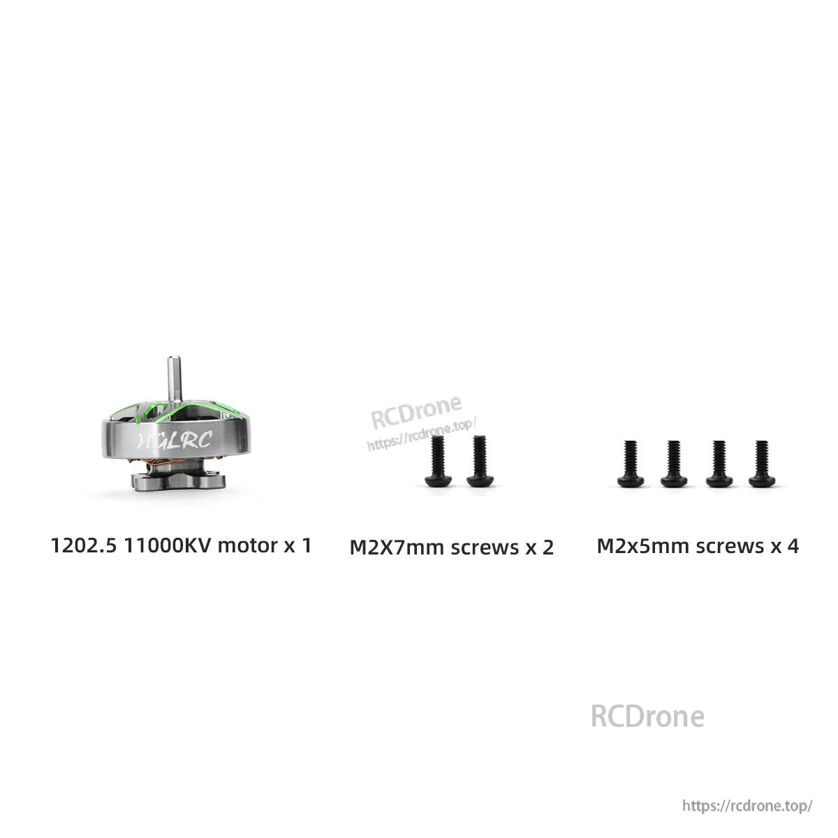 Package contents: 1202.5 11000KV motor plus M2x7mm screws (2) and M2x5mm screws (4)
