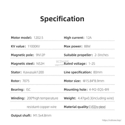 SPECTER 1202.5 11000KV motor specification chart showing 12A, 88W, 1–2S rating and dimensions