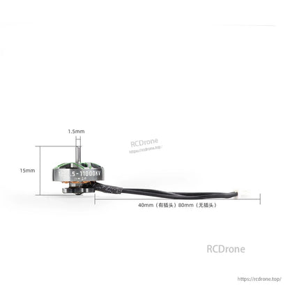 Dimension diagram showing motor height 15mm, 1.5mm shaft, and 40mm/80mm wire length options