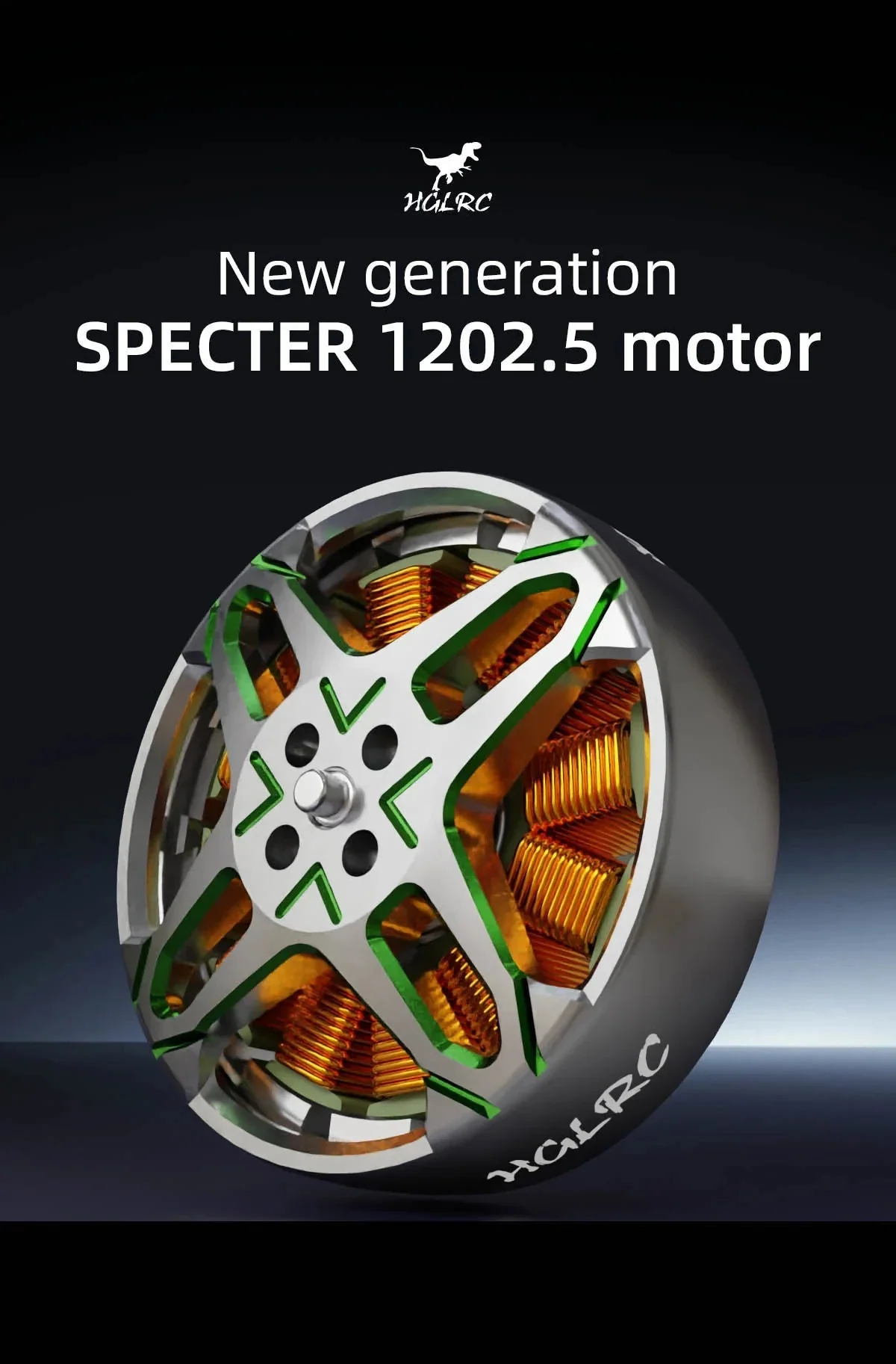 SPECTER 1202.5 11000KV brushless motor outrunner with two-tone green anodized bell and exposed windings