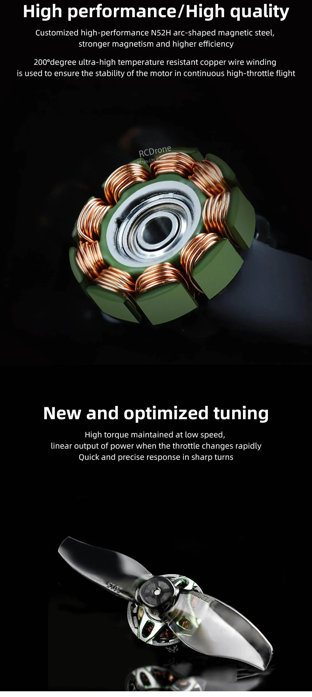 Stator and copper winding close-up highlighting compact outrunner build for 1–2S micro drone setups
