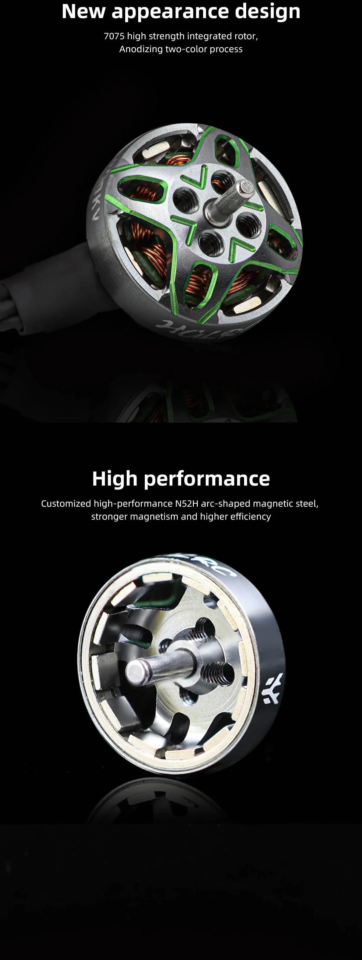 Close-up of integrated 7075 aluminum rotor with two-color anodized bell and output shaft detail