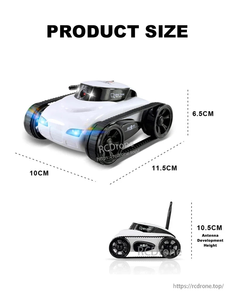 SQN-019 FPV RC tank: 11.5×10×6.5cm, 10.5cm antenna, Wi-Fi enabled, compact design with tracks for remote control and live video feed.