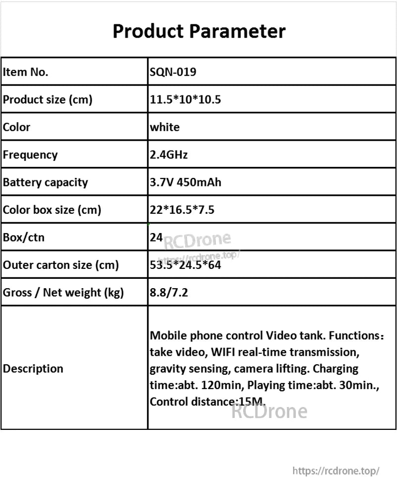 White SQN-019 FPV RC tank with Wi-Fi, camera, gravity sensing; 2.4GHz, 30 min play, 15M range. Box of 24 pcs, carton size 53.5×24.5×64 cm, weight 8.8/7.2 kg.