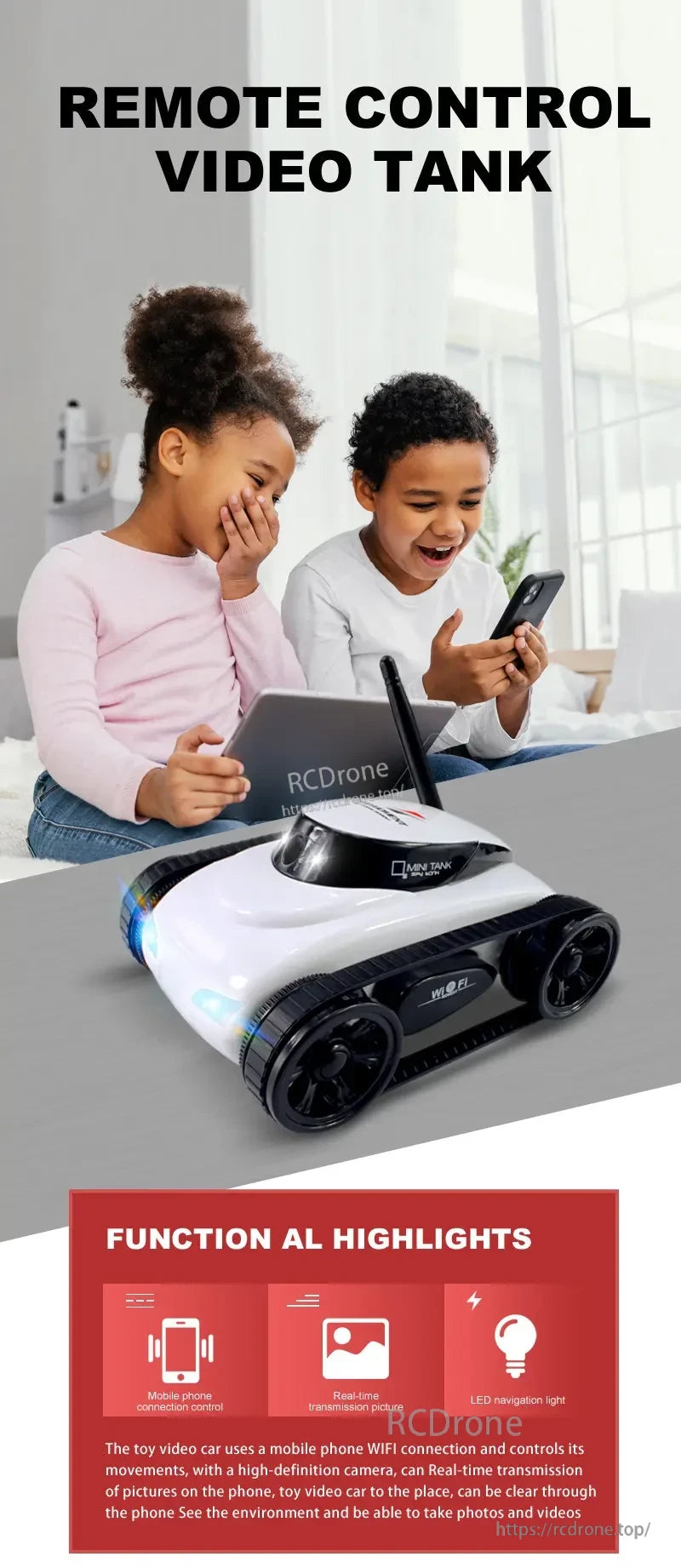 SQN-019 FPV RC Tank, FPV RC tank with WiFi smartphone control, HD video streaming, LED lights, and app connectivity for real-time exploration, recording, and interactive play—ideal for fun and educational use.