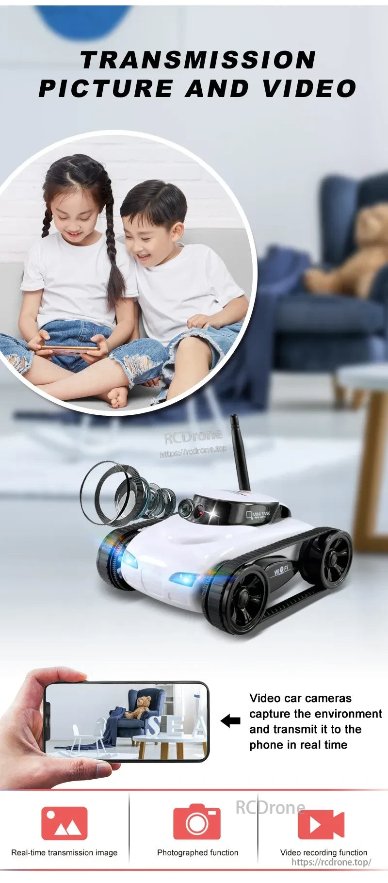 SQN-019 FPV RC Tank, Real-time transmission and video recording capabilities with WoEl video car cameras capturing environmental details accurately.