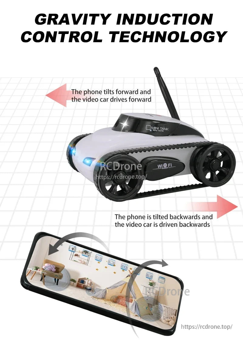 SQN-019 FPV RC Tank, Tilt phone forward/backward to control RC tank movement via gravity induction.