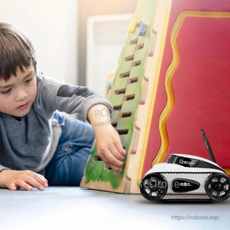 FPV WiFi RC tank with adjustable camera and real-time video, controlled by iOS/Android app, playing for 30 minutes with a range of 15 meters.