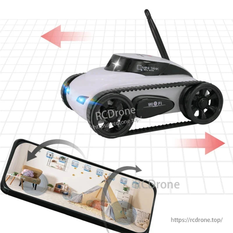 FPV WiFi RC tank features adjustable camera, real-time video, app control, 30-minute playtime, and 15-meter range for immersive remote exploration and interactive play.