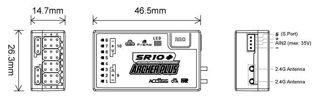 FrSky ARCHER PLUS SR10+ Receiver, 14.7mm 46.Smm (S Pont REC AINZ (max: