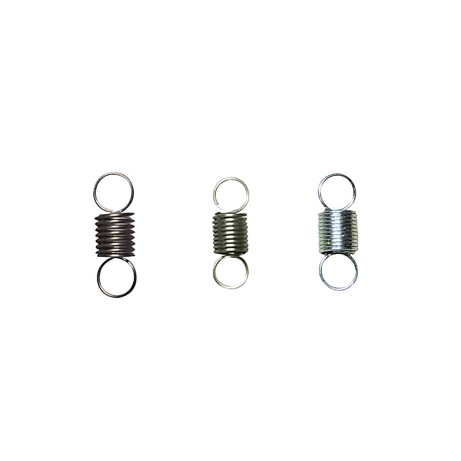 Three Futaba T10PX steering wheel spring coils in different sizes/finishes on white background