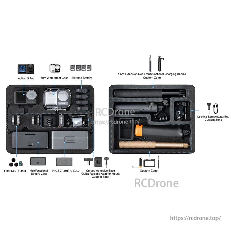 Durable, organized hard case for DJI Osmo Action 5 Pro with waterproof shell, foam lining, and custom compartments for all accessories, ideal for travel and outdoor use.