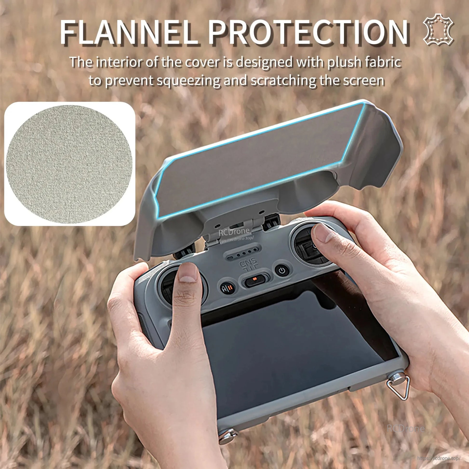 Soft flannel cover with plush lining protects DJI RC 2 remote from scratches and pressure, ensuring safe storage and transport.