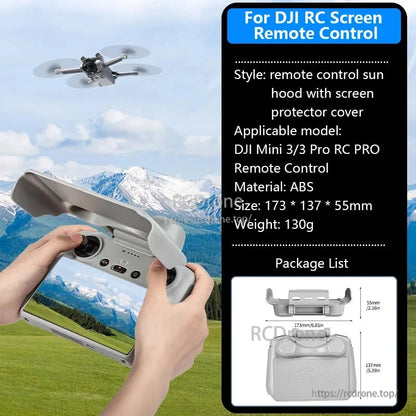 ABS remote control sun hood with screen protector for DJI Mini 3/3 Pro RC PRO, 173×137×55mm, 130g, includes cover and joystick guards.