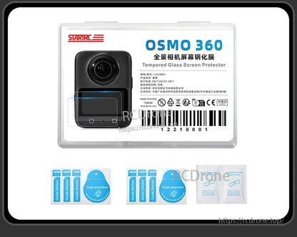 STARTRC OSMO 360 tempered glass screen protector: 9H hardness, 0.33mm thin, HD clear, low reflectivity, anti-fingerprint. Includes installation tools. Made in China.