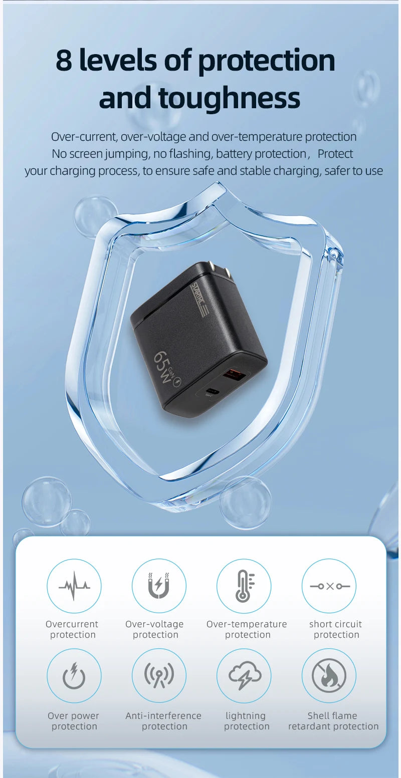 The STARTRC 65W charger offers eight safety protections, ensuring stable, flicker-free charging with a flame-retardant, interference- and lightning-resistant design. (24 words)