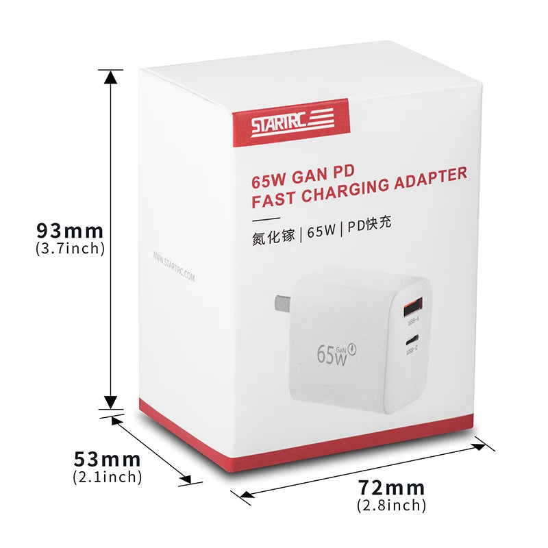 STARTRC 65W Charger, STARTRC 65W GaN PD fast charger with USB-A and USB-C ports, compact 93x72x53mm design, enabling efficient charging via gallium nitride technology.
