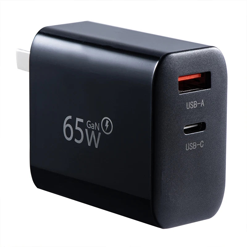 STARTRC 65W Charger, The device features dual-port fast charging with USB-C and USB-A ports, sharing up to 65W power.