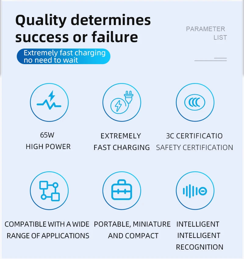 STARTRC 65W Charger, 65W ultra-fast charging, 3C safety certified, widely compatible, compact, portable, with intelligent recognition for optimal performance. Quality ensures success. (24 words)