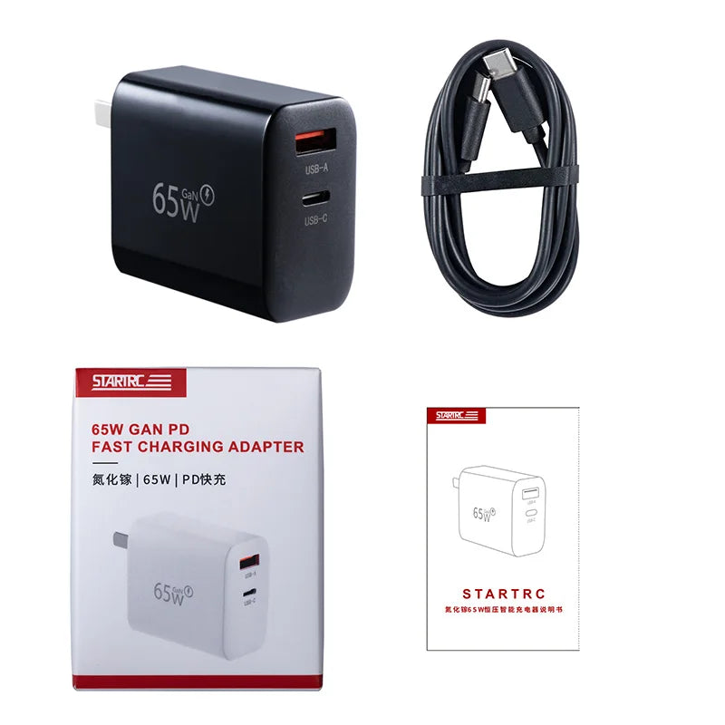 STARTRC 65W Charger, STARTRC 65W GaN charger offers fast charging via USB-A and USB-C, compact size, and includes a cable for convenience.