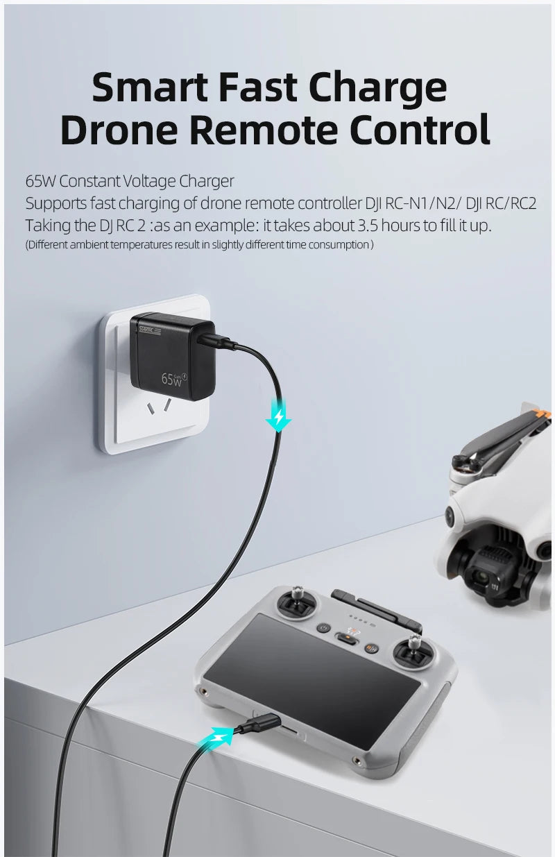 STARTRC 65W Charger, 65W charger for DJI RC-N1/N2, RC/RC2; fast charging, fully charges DJI RC 2 in 3.5 hours; charging time varies with ambient temperature.