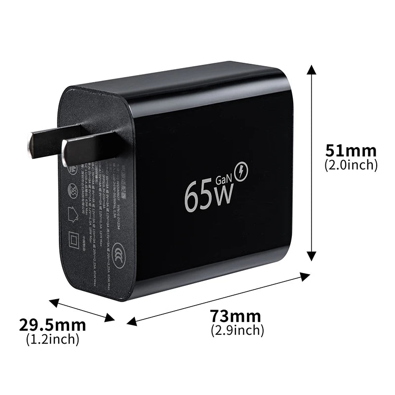 STARTRC 65W Charger, 65W GaN charger, compact 73x51x29.5mm design with plug, labeled specs for efficient, portable charging.
