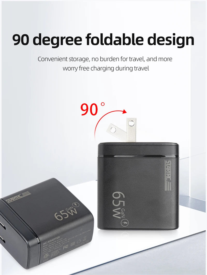STARTRC 65W Charger, 65W Foldable Charger, 90 Degree Design, Travel Friendly