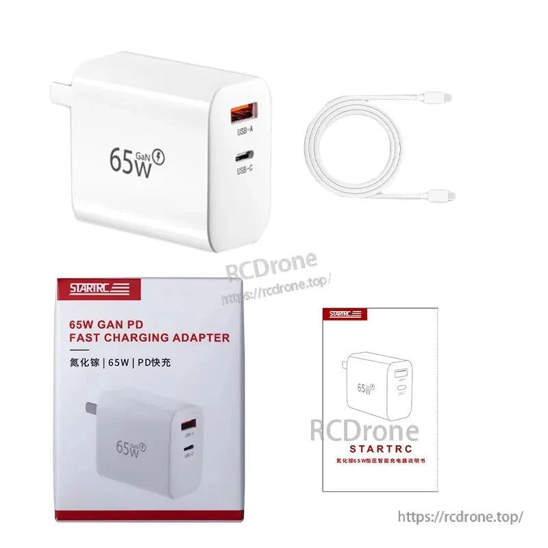 STARTRC 65W Charger, STARTRC 65W GaN charger with USB-A/C ports, compact design, includes cable and manual, ideal for DJI drones like Neo, Avata 2, Mavic 3, Mini series, Air 3, Pocket 3/2.