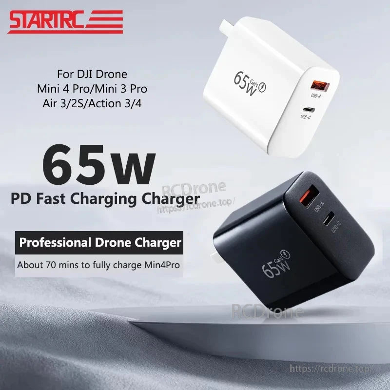 STARTRC 65W Charger, STARTRC 65W GaN charger for DJI drones, including Mini 4 Pro and Air 3. Fully charges Mini 4 Pro in ~70 mins. Dual USB-A and USB-C ports.