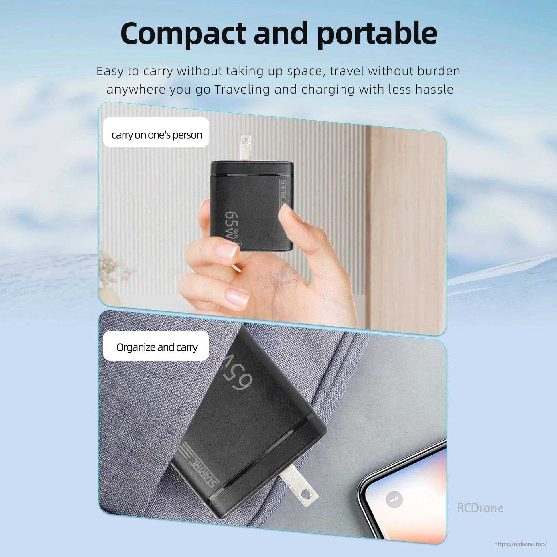STARTRC 65W Charger, 65W GaN charger: compact, portable, ideal for travel and charging DJI devices anywhere.