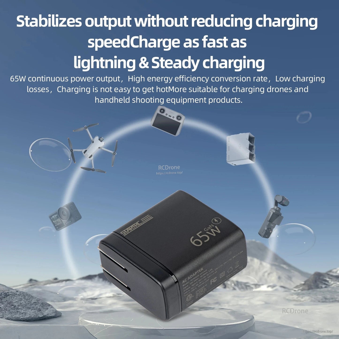 STARTRC 65W Charger, 65W GaN AC adapter provides fast, efficient charging with low heat. Ideal for drones and handheld devices, supports PD Type-C, compatible with DJI models. (24 words)