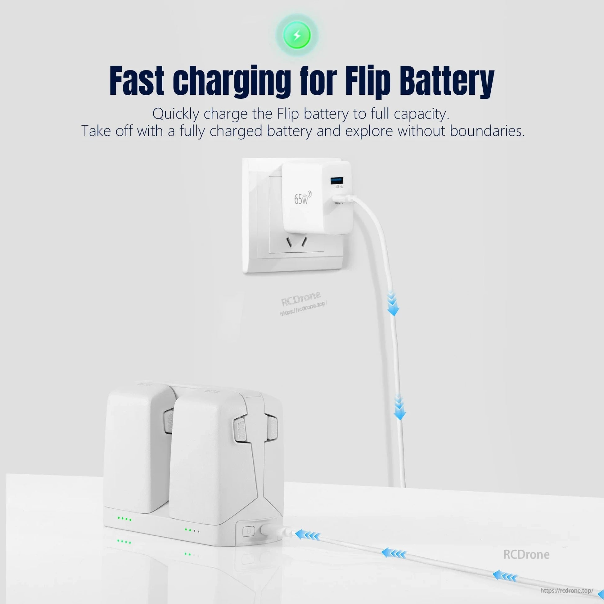 STARTRC 65W GaN Fast Charger, 65W GaN charger with dual USB-C/USB-A, 15V/4.3A output, foldable plug, 100–240V input; supports fast charging for DJI Flip battery.