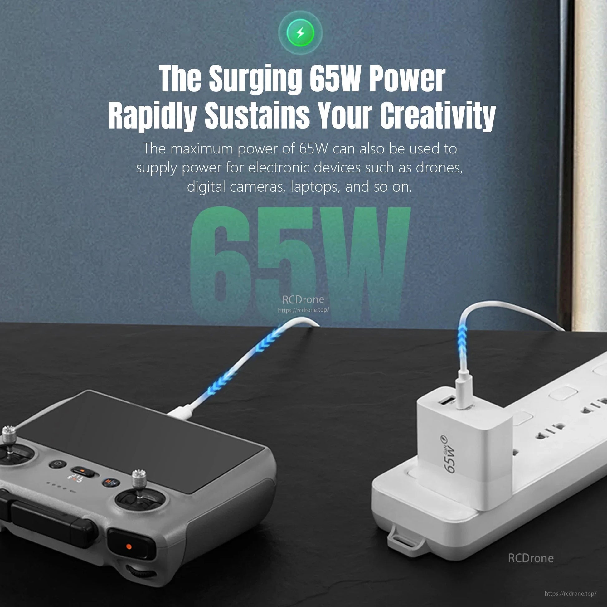 STARTRC 65W GaN Fast Charger, 65W GaN charger with dual USB-C/USB-A ports, 15V/4.3A output, 100–240V input, foldable plug; powers drones, cameras, laptops quickly and efficiently.