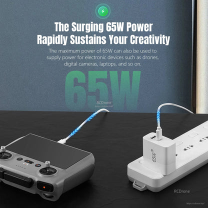 STARTRC 65W GaN Fast Charger, 65W GaN charger with dual USB-C/USB-A ports, 15V/4.3A output, 100–240V input, foldable plug; powers drones, cameras, laptops quickly and efficiently.