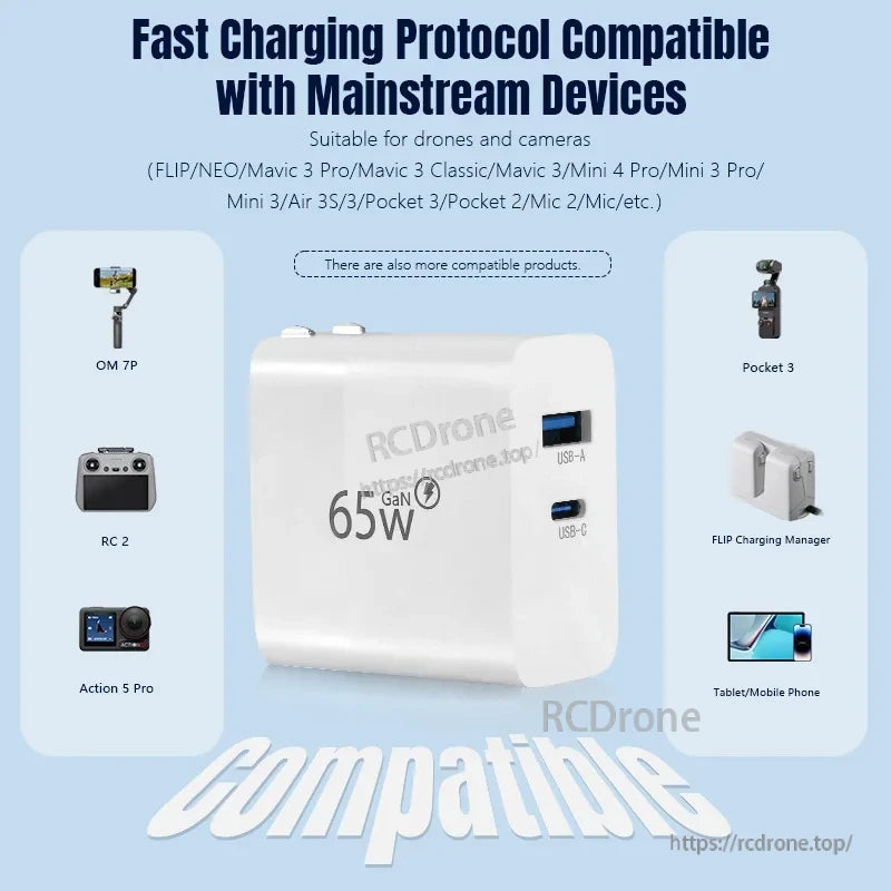 STARTRC 65W GaN Fast Charger, 65W GaN charger for drones, cameras, and devices. Supports Mavic, Mini, Action 5 Pro, RC 2, etc. Dual USB-A and USB-C ports for versatile charging.