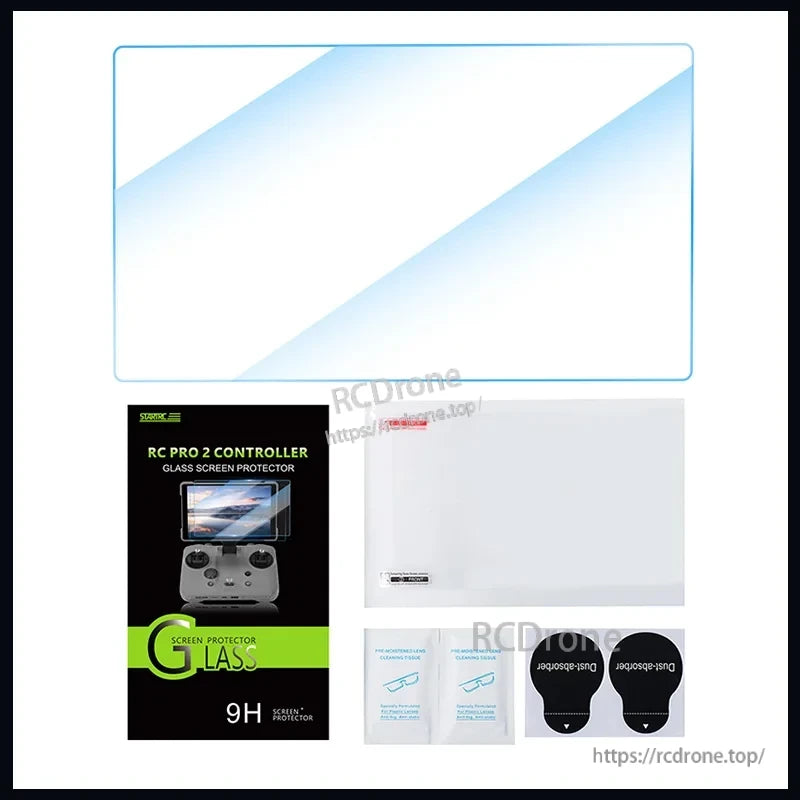 STARTRC AR Mavic 4 Pro Screen, STARTRC RC PRO 2 Controller glass screen protector with 9H hardness, includes cleaning tissue and dust absorbers for easy installation and protection.