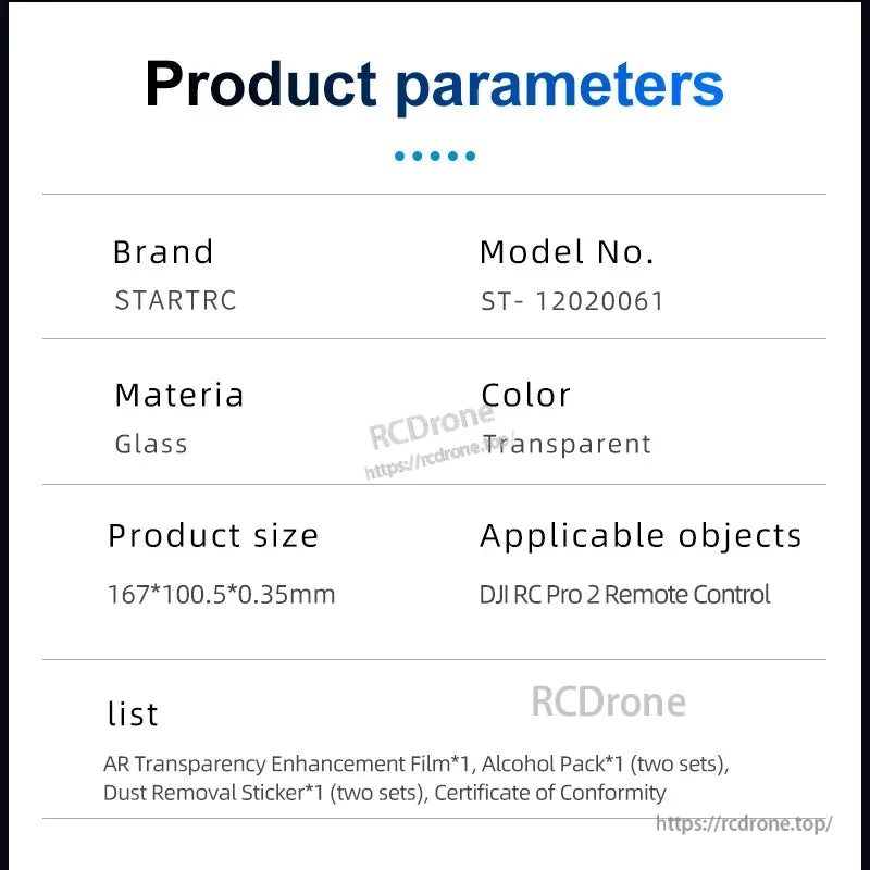 STARTRC AR Mavic 4 Pro screen (ST-12020061), transparent glass, 167×100.5×0.35mm, fits DJI RC Pro 2; includes film, alcohol wipe, dust stickers, and certificate.