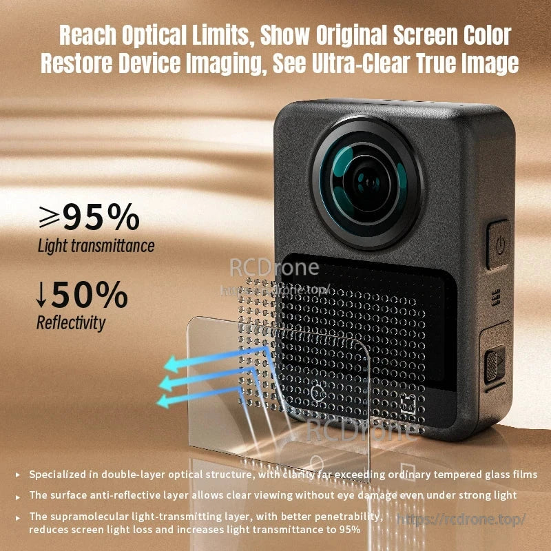 Anti-reflective tempered glass film for DJI Osmo 360: ≥95% light transmittance, 50% less reflectivity, double-layer design for enhanced clarity and minimal light loss.