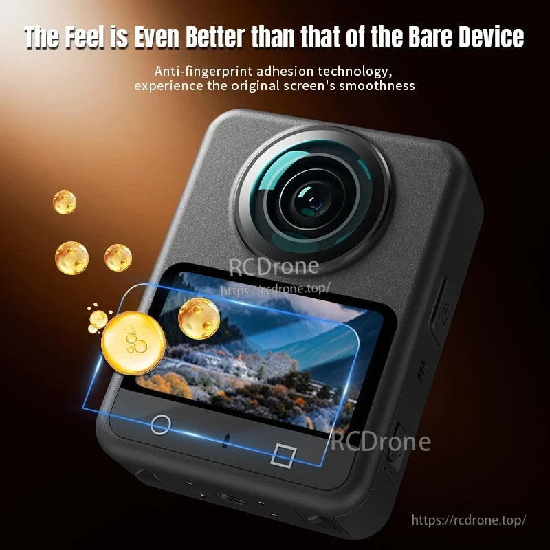 HD anti-scratch screen protector for DJI Osmo 360 with anti-fingerprint technology, smooth feel, and 29×50.8mm size.