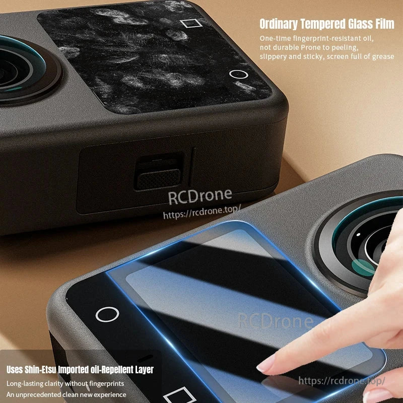 DJI Osmo 360 screen protector with Shin-Etsu oil-repellent layer offers HD clarity, scratch resistance, anti-reflection, and durable, fingerprint-resistant performance in a precise 29×50.8mm fit.