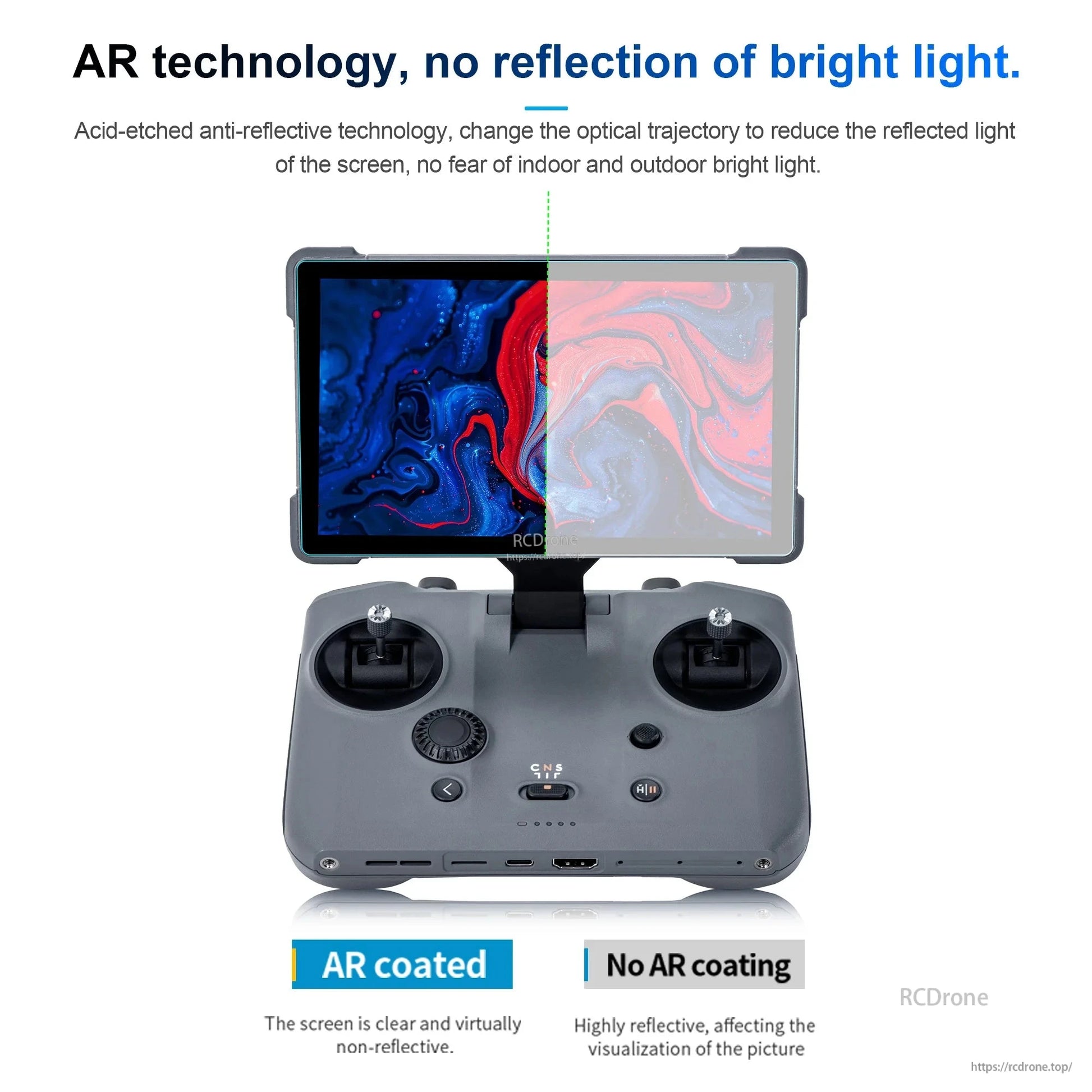 AR technology with acid-etched coating reduces glare, ensuring clear visibility indoors and outdoors; screen is non-reflective with it, highly reflective without.