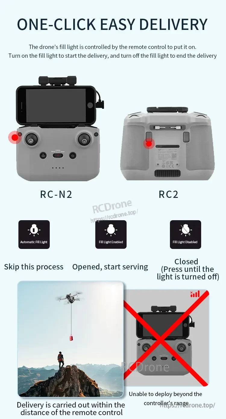 STARTRC Airdrop, One-click drone delivery uses remote-controlled fill light to start and end delivery within range, with simple controls for operation.