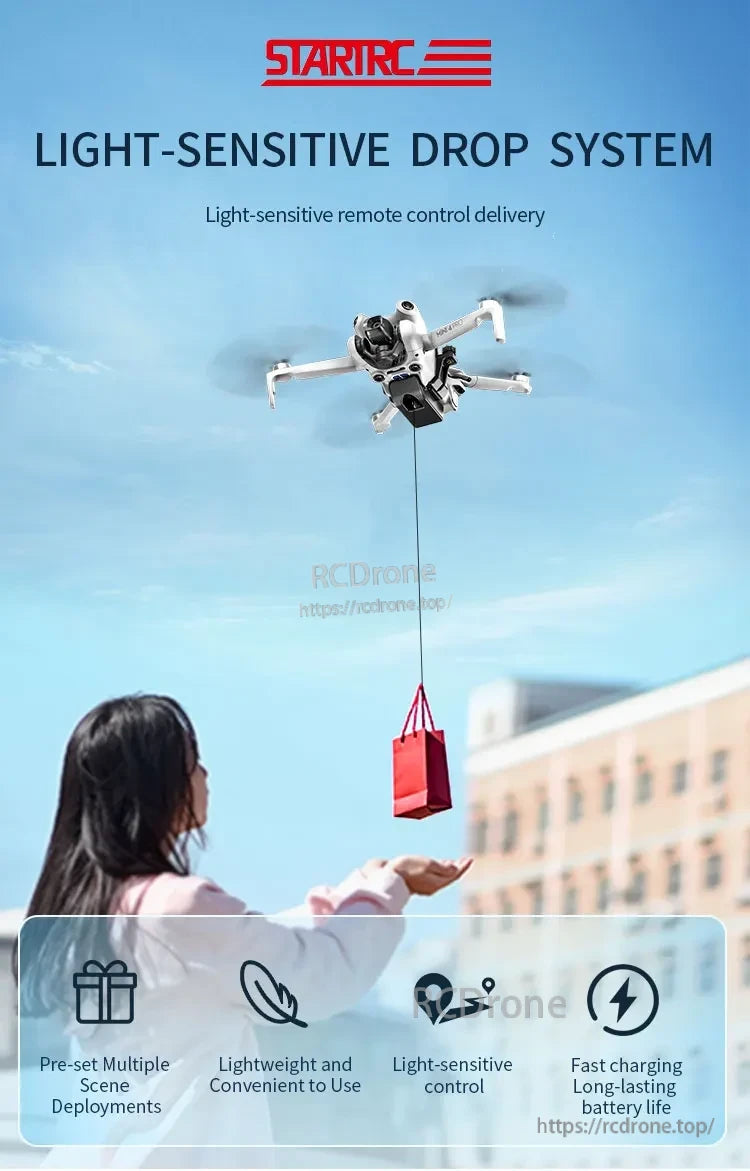 STARTRC Airdrop is a lightweight, fast-charging drone with long battery life, designed for light-sensitive remote deliveries and pre-set deployment.