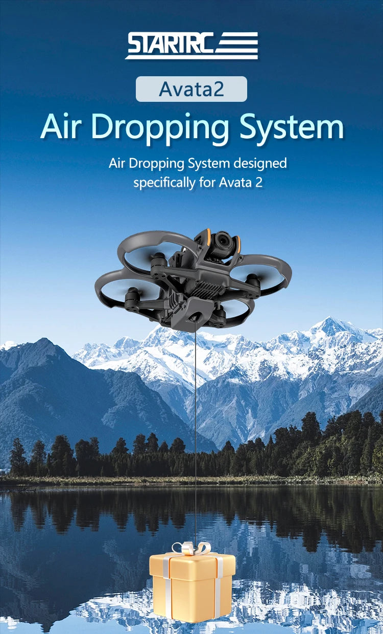 STARTRC Airdrop, The STARTRC Avata2 Air Dropping System allows precise, easy drone deliveries over scenic mountain lakes using the Avata 2 drone.