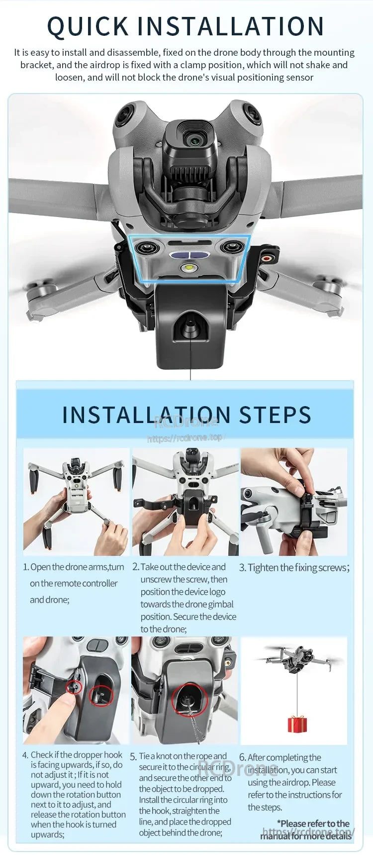 Install STARTRC Airdrop in six steps: open arms, position device, tighten screws, adjust hook, attach rope, and use. Easy assembly with bracket. See manual. (24 words)