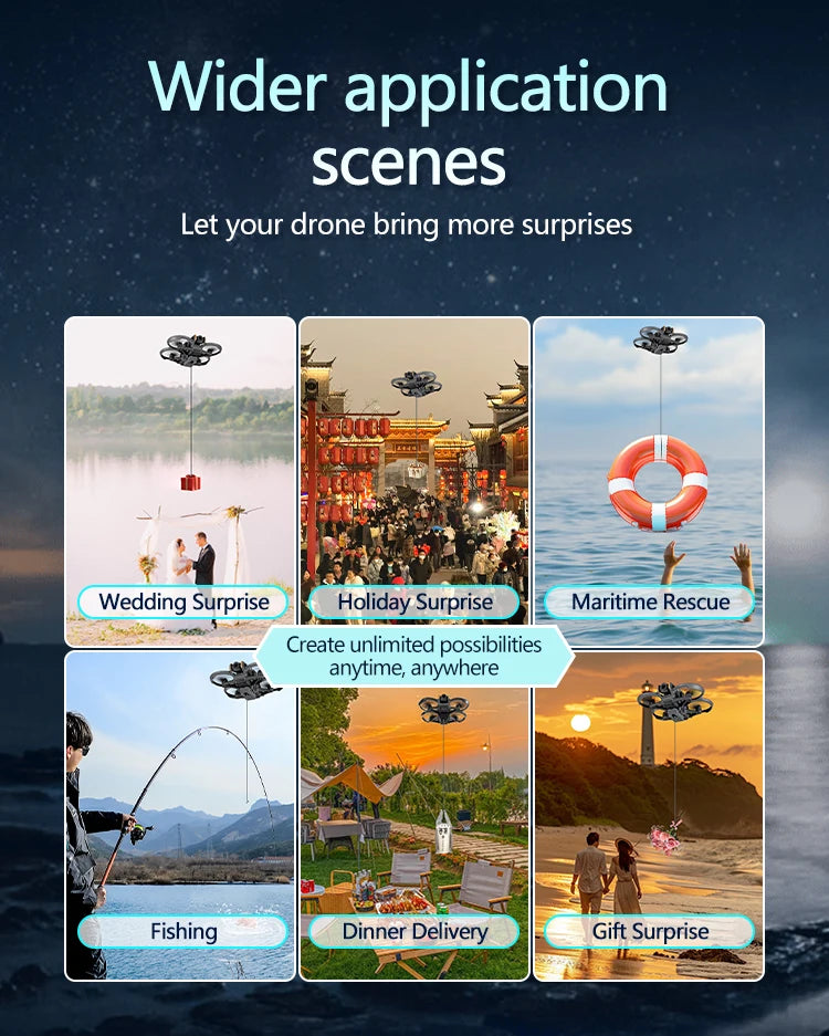 STARTRC Airdrop enables weddings, holidays, rescues, fishing, deliveries, and gifts, creating endless possibilities anytime, anywhere with versatile applications. (24 words)