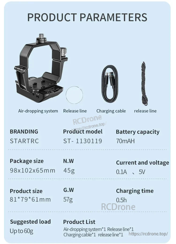 STARTRC Airdrop, STARTRC ST-1130119: 57g, 81×79×61mm, 70mAh battery (0.5h charge), 60g payload. Compact, fast-charging air-dropping system with release line and cable for precise, reliable deployment.